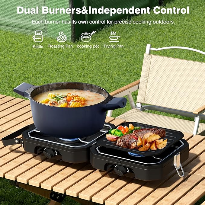 Camping Stove Portable Propane Camp Stove with Independently Adjustable Heat &amp Carry Bag Foldable Gas Stove with 2 Burners for Outdoor CookingTailgating &amp Backyard GatheringBBQ (Black)