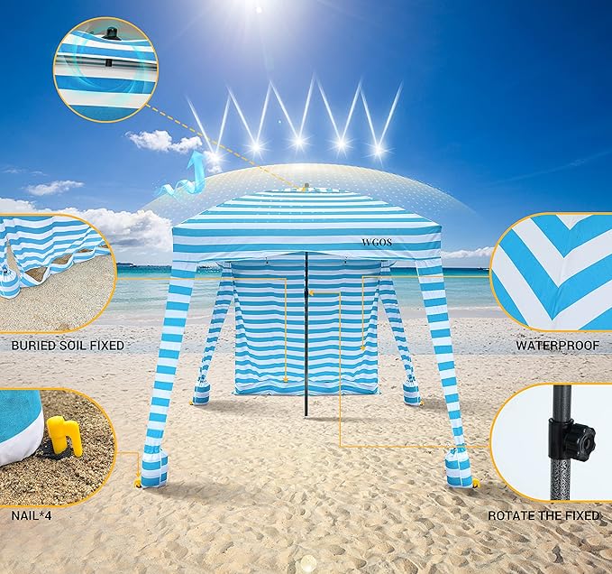 Beach Tent Beach Canopy Beach Cabana with One Side Detachable Cover Large Space 6ftx6ft Waterproof and UPF UV 50+++ Sun Protection for Beach Lake Outdoor Camping Beach Umbrella (Blue Stripe)