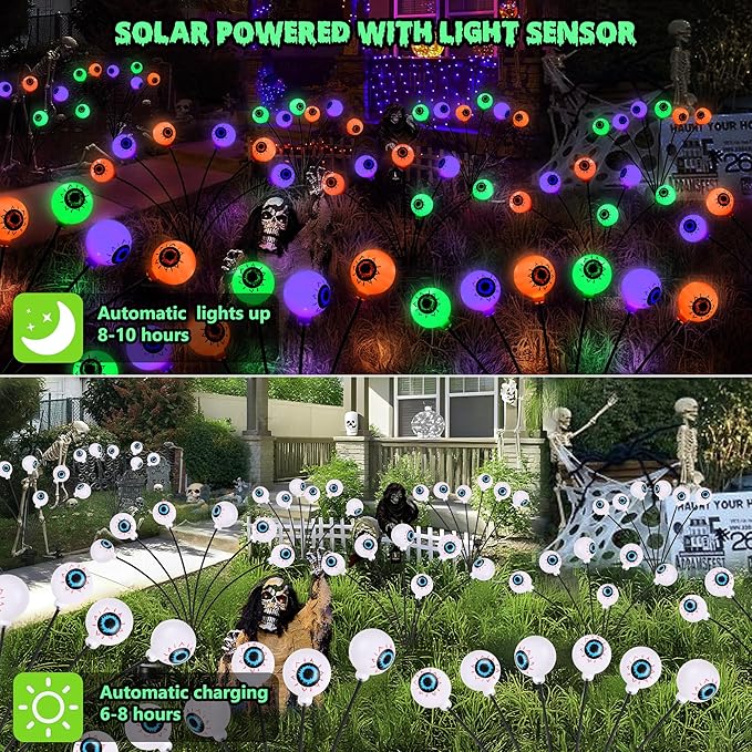 BrizLabs 6 Pack 36 LED Halloween Solar Eyeball Lights 2 Modes Outdoor Halloween Pathway Lights Solar Spooky Path Light Waterproof Swaying Firefly Light for Yard Garden Lawn Orange &amp Purple &am