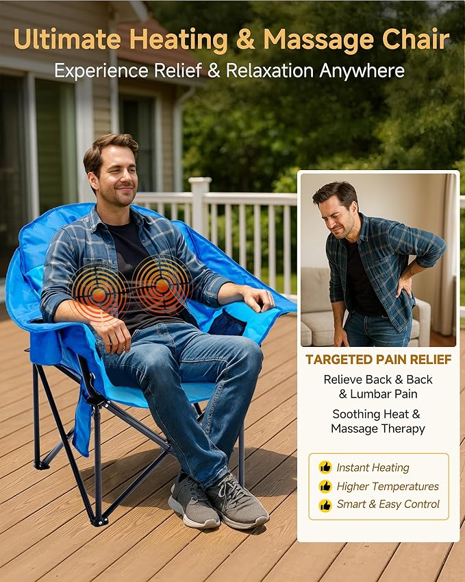Slsy Oversized Heated Massage Camping Chair with Armrests Portable Padded Folding Chair Heavy-Duty 500 lbs Support for Camping Tailgating &amp Outdoor Relaxation (Marine Blue)