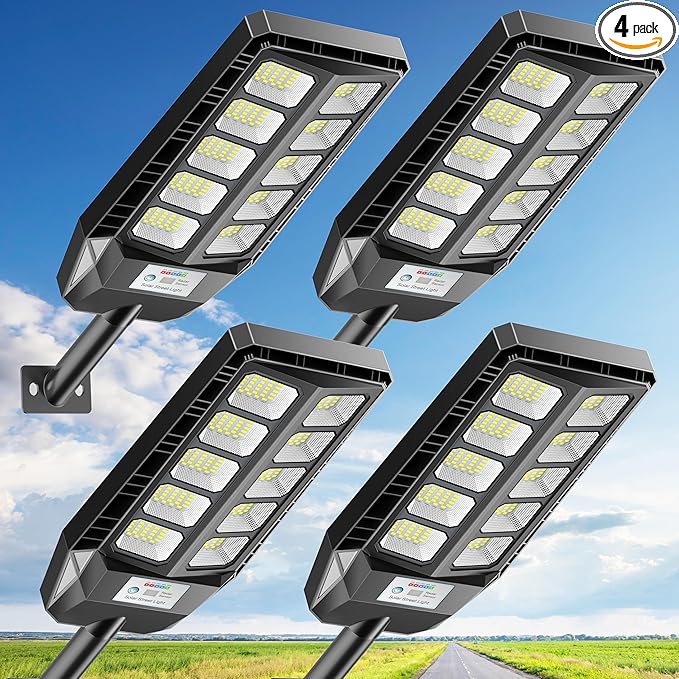Solar Lights Outdoor IP66 Waterproof Street Lights Outdoor 6500K Dusk to Dawn Solar Security Flood Lights Motion Sensor with Remote Control for Yard Entryway Garage Porch 4 Pack
