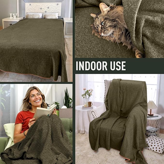 Large Military Wool Blanket - Warm &amp Thick Emergency Survival Blanket Great for Camping Outdoors Sports Events Picnics 4.5 lbs 64 x 88 (Olive Green)