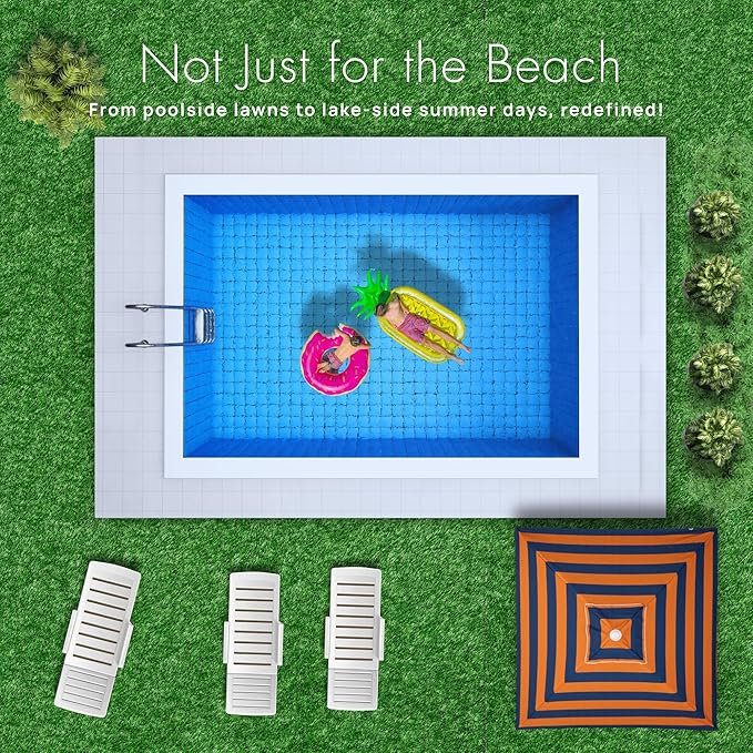 Premium Beach Cabana - Umbrellissimo Navy &amp Orange. Includes Sand Anchor Designer Canvas Prints &amp Fringe finishes Sand Pockets pegs Matching Carry Bag. Easy Set up 6.6'x6.6' of Cool UPF50+
