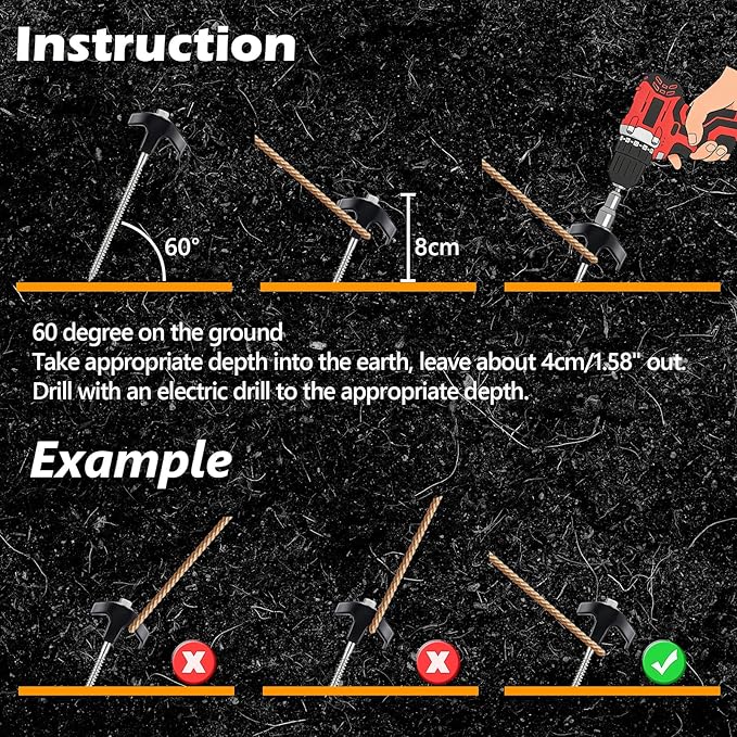 20 Pack 8 Heavy Duty Screw in Tent Stakes Metal Camping Stakes Drill-In Ground Anchor Threaded Stakes for Canopies Gardening Yard Inflatables with Hex Socket and Storage Bag (Black)
