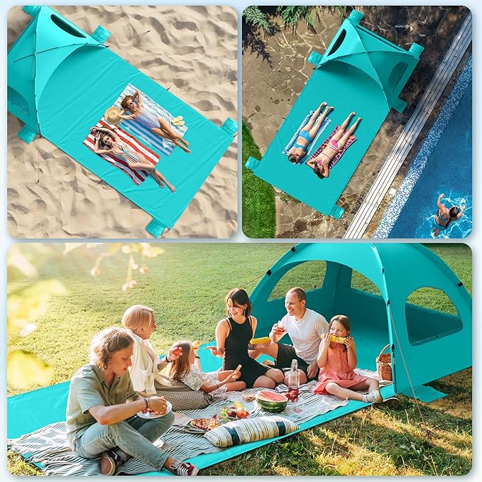 Beach Tent Sun Shelter with Extended Sand Mat 114×82inchUPF 50+ Protection 3 Double-Layer Windows for Enhanced Privacy Portable Beach Shade 3-4 People. Windproof and Waterproof