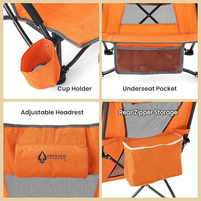 ARROWHEAD OUTDOOR 2-Pack Low Seating + 20° Reclining Folding Beach Chair w/Padded Headrest Foam Armrest Cup Holder Carry Bag 300 LBS Weight Capacity