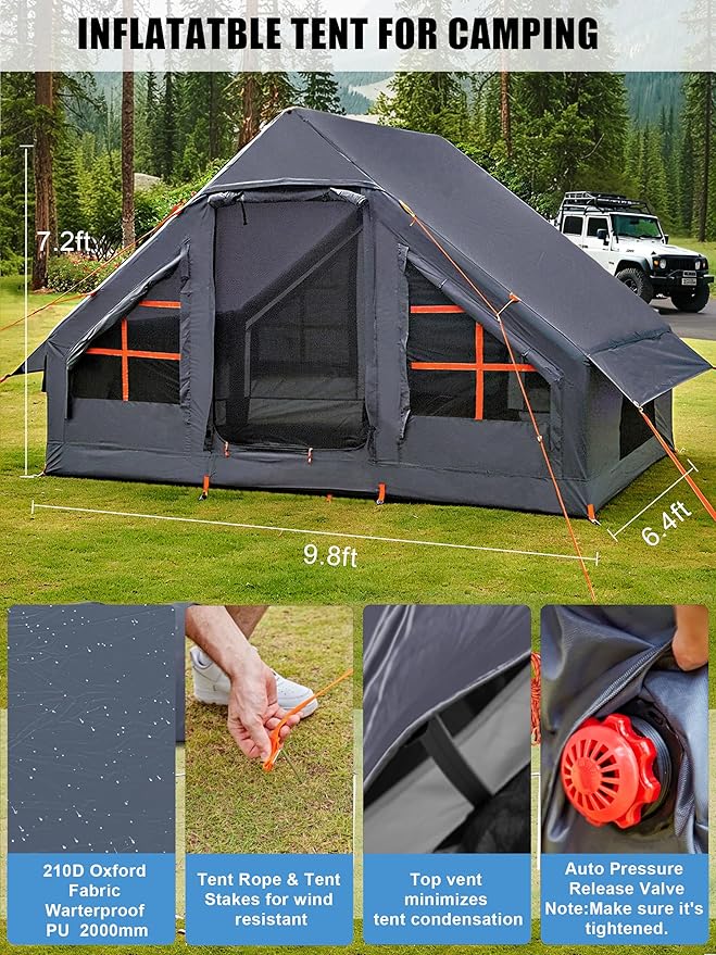 Inflatable Tents with Hand Pump Hot Tent with Stove Jack Easy Blow Up Glamping Tent with Mesh Windows 4-6 Person Instant Family Camping Tents Waterproof for 4 Seasons