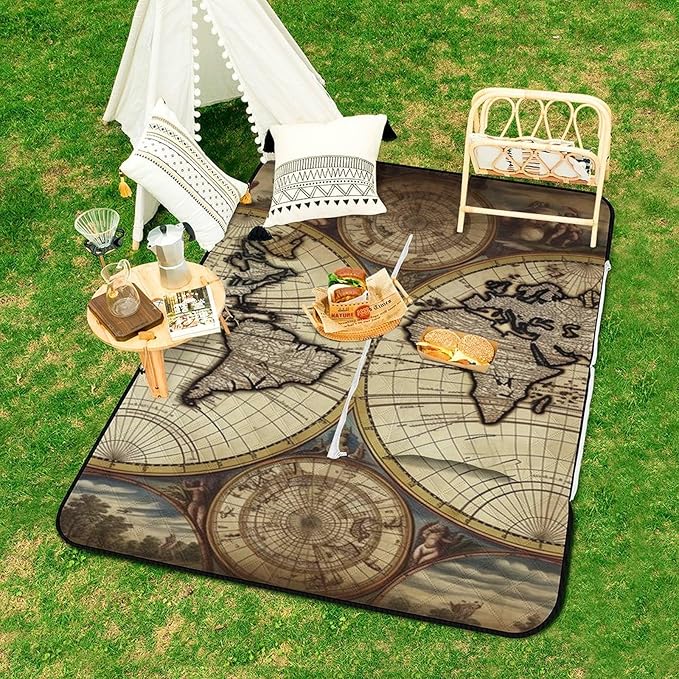 Zipper Ancient Map World Globe Style Picnic Mat Suitable for Travel Camping Park Or Home Use