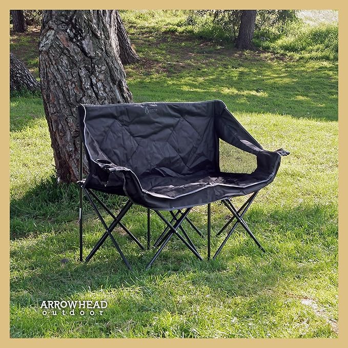ARROWHEAD OUTDOOR 2-Pack Portable Folding Double Duo Camping Chair Loveseat w/ 2 Cup &amp Wine Glass Holder Carrying Bag Supports up to 500lbs