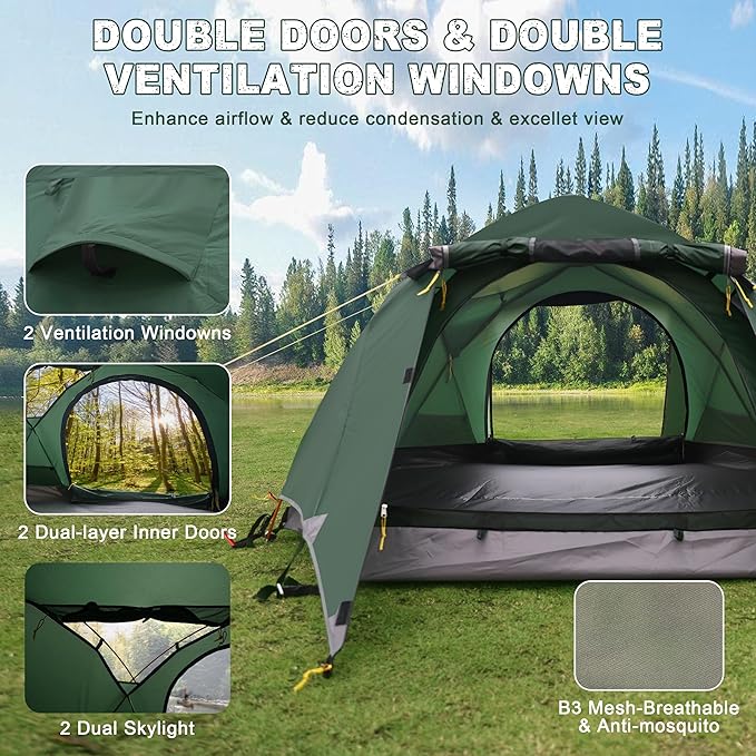 2-3 Person Backpacking Tent Double Doors 2 Vestibule 2 Skylight Two Person Tents Waterproof Windproof 2 Man Tent for Camping Hiking Motor Cycling Biking Fishing Mountaineering UPF 50+