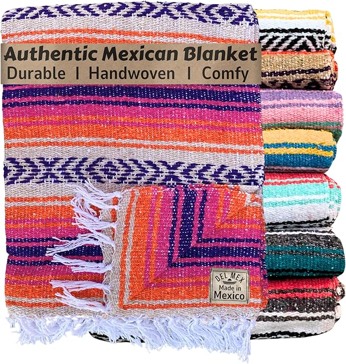 Del Mex Classic Mexican Blanket Large Authentic Woven Falsa Throw (70x50) Artisan Southwest Décor for Beach Yoga Outdoors (Pink/Orange)