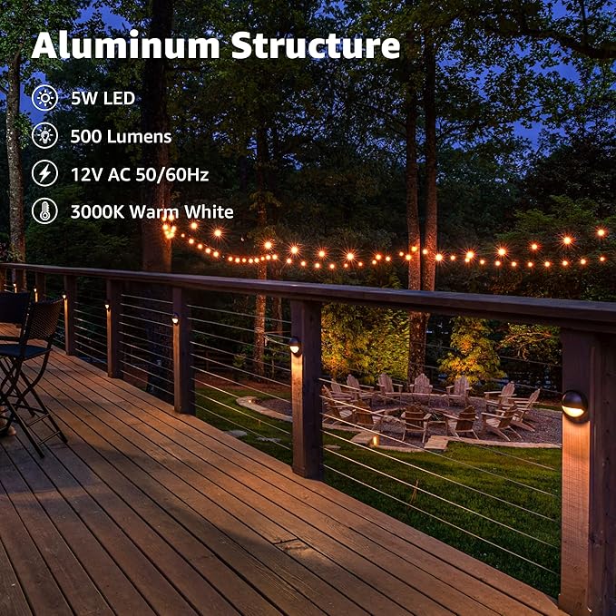 SUNVIE Low Voltage Deck Lights with Fastlock2 Wire Connector 5W LED Landscape Step Stair Lights Outdoor Accent Lighting Garden Post Fence Light 3000K 12-24V AC/DC 3.2FT ETL Listed Cord 8 Pack