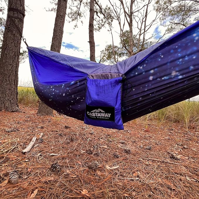 Castaway Travel Hammocks Double Galaxy Camping Hammock with 2 Tree Straps Triple Stitched Durable Nylon Material Compact Design for Backpacking Travel Beach Backyard Patio Hiking