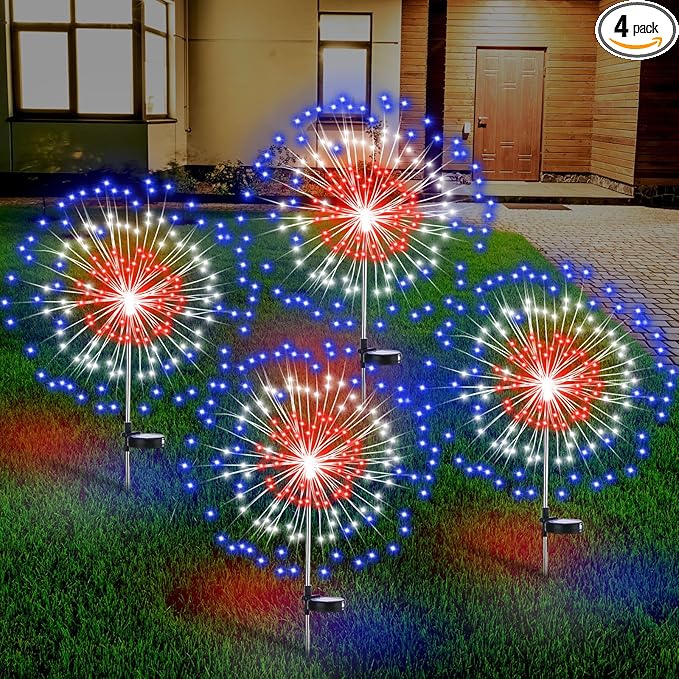 4th of July Decorations Outdoor 4 Pack Colored Solar Firework Lights with 180 LED Patriotic Solar Lights 8 Lighting Modes for Yard Pathway Garden Patio Party Decorations(Red White Blue)