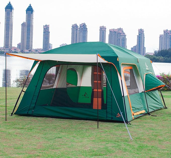 KTT Extra Large Tent 12 PersonFamily Cabin Tents2 Rooms3 Doors and 3 Windows with MeshStraight WallWaterproofDouble LayerBig Tents for OutdoorPicnicCampingFamily Gathering.