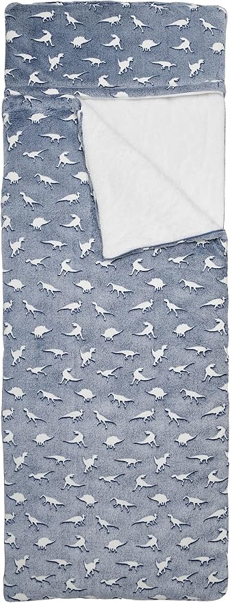 iscream Glow in The Dark 70 x 28.5 Faux Sherpa-Lined Silky Silky Fleece Zippered Sleeping Bag - Dinosaur Friends