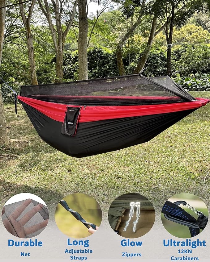 Sunyear Camping Hammock Portable Single &amp Double Hammock with Net 2 Person Hammock Tent with 2 * 10ft Straps Best for Outdoor Hiking Survival Travel