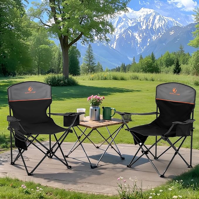 LET'S CAMP Camping Chair 2 Pack Folding Chair with 3-Can Cooler Bag Portable Lawn Chair with Cup HolderStorage Pocket Supports 225LBS Collapsible Chair for Camp Beach Picnic (Black)
