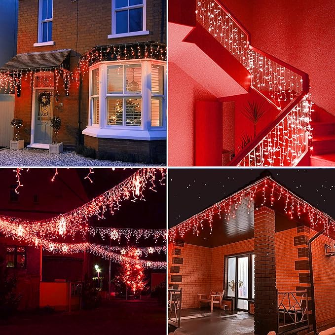 Hopolon 33FT 360L LED Icicle String Lights - Outdoor Waterproof 8 Modes With 60 Drops - Curtain Lights for Indoor/Outdoor Decorations (Red)