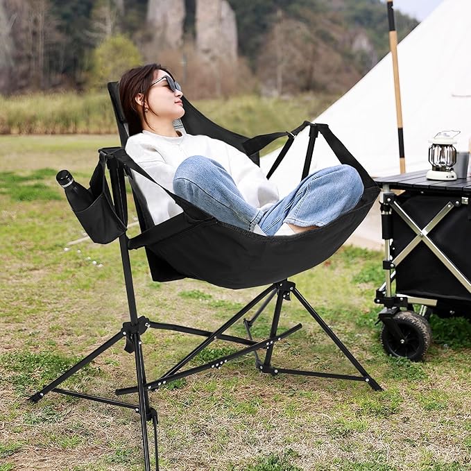 HOMEFUN Hammock Camping Chair - Portable Swinging Chairs for Adults with Stand and Storage Bag Oversized Folding Rocking for Lawn Camp Fishing Hiking Black