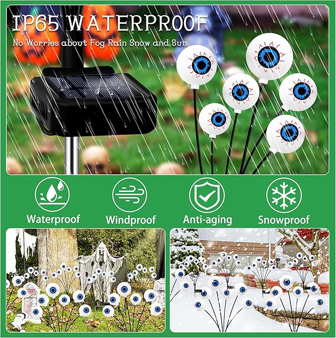 Halloween Decorations Outdoor 6 Pack 36 LED Solar Scary Eyeball Swaying Lights Green Solar Firefly Light Waterproof Outdoor Garden Lights for Halloween Yard Garden Lawn Party Flower Bed