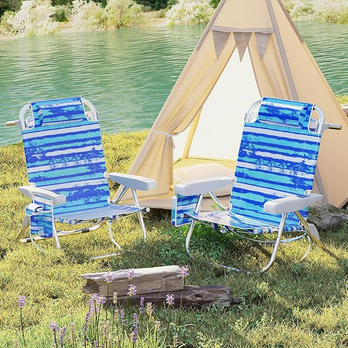 Giantex 2-Pack Backpack Beach Chair - Foldable Camping Chair with 5 Adjustable Position Cup Holder Storage Pockets Straps Towel Rack Pillow Lay Flat Lawn Chair for Patio Outdoor Blue Stripe