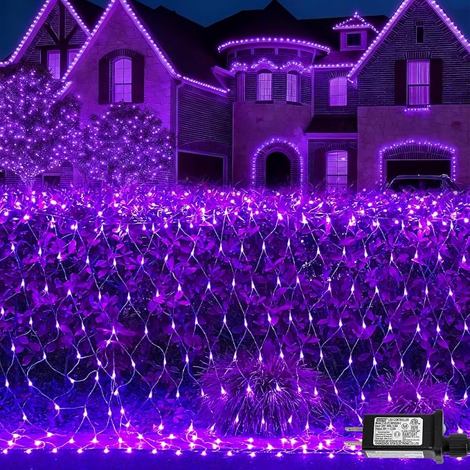 QITONG Purple Net Lights Outdoor Mesh Lights 360 LED 12ft x 5ft Christmas Net Light with 8 Modes Clear Wire Bush Light Plug in