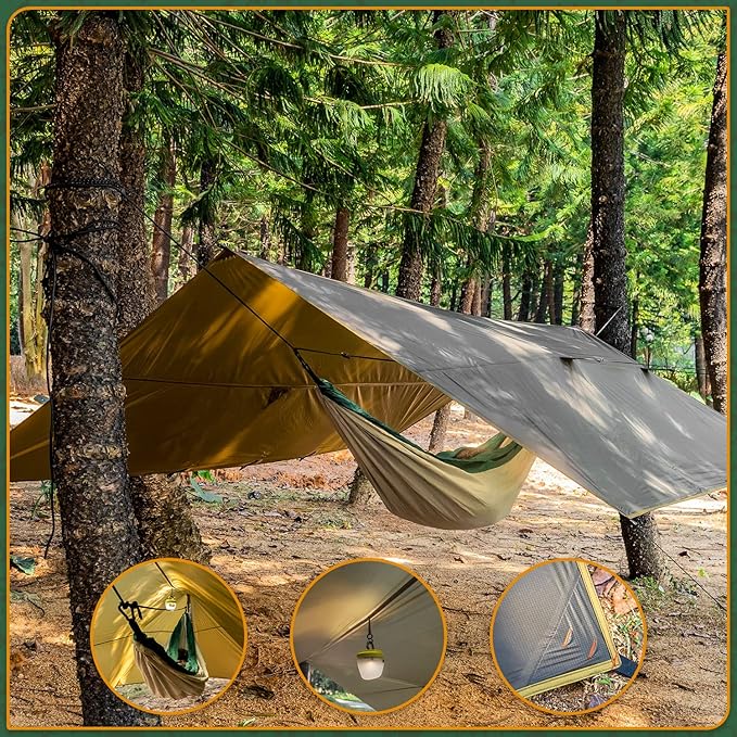 POMOLY Camping Tarp Hammock Tarp 9×12ft Ultralight 20D Silnylon Waterproof 3000mm for Hiking Backpacking - Wolfden UL