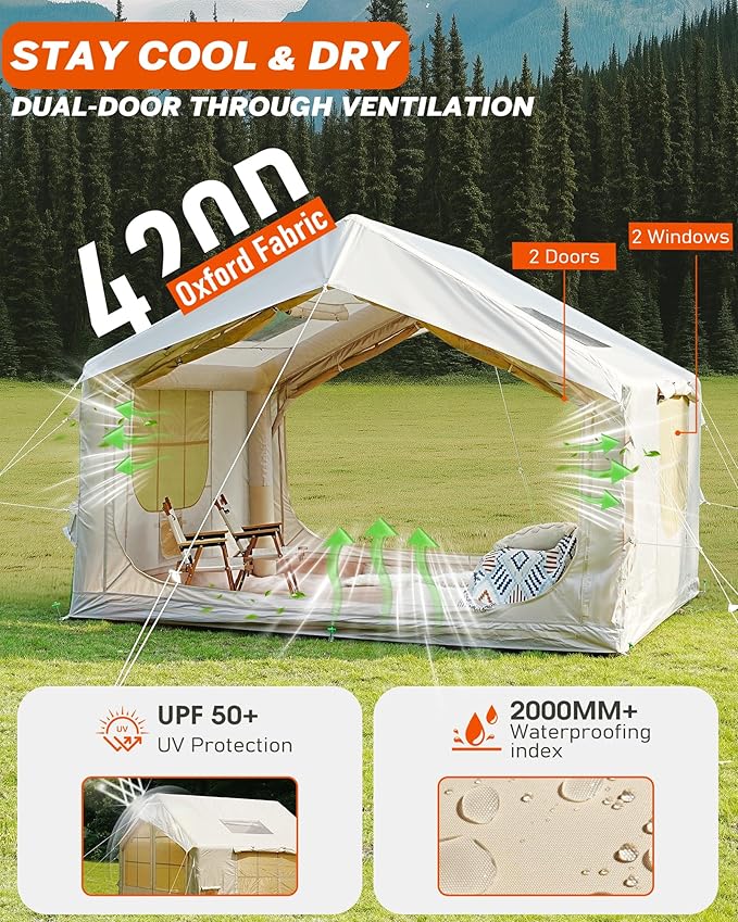 Inflatable Tent for Camping with Pump 4-6 Person Extra-Space Blow up Tent 420D Waterproof Oxford Glamping Air for Family 4 Season Inflatable House