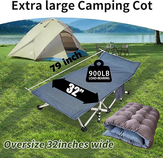 Extra Wide 32 Oversized Camping Cot with Comfortable Mattress - Heavy Duty Folding Bed for Adults XXL Portable Guest Bed with Carry Bag Easy Setup for Indoor &amp Outdoor Use