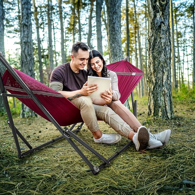 Tranquillo Universal Double Hammock with Stand Included for 2 Persons/Foldable Hammock Stand 600 lbs Capacity Portable Case - Inhouse Outdoor Camping Red