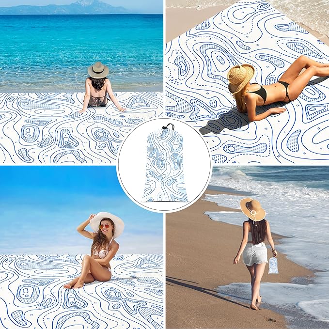 110''×118'' Oversized Beach Blanket for 4-8 Adults White Waterproof Sandproof Picnic Blanket Lightweight Foldable Sand Free Outdoor Mat w/ 4 Stakes &amp Portable Carry Bag for Travel Camping Hiki