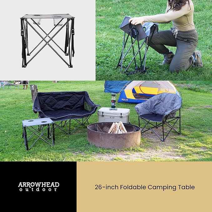 ARROWHEAD OUTDOOR 26” (66cm) Portable Camping Folding Table 2 Cup Holders Square Carrying Case Steel Frame High-Grade 600D Canvas
