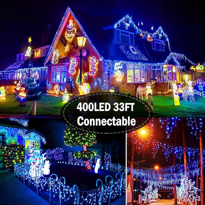 KNONEW Christmas Lights Outdoor Decorations 400 LED 33ft 8 Modes Curtain String Light with 75 Drops Clear Wire LED Fairy Light Indoor Decor for Wedding Party Christmas Decorations(Blue)