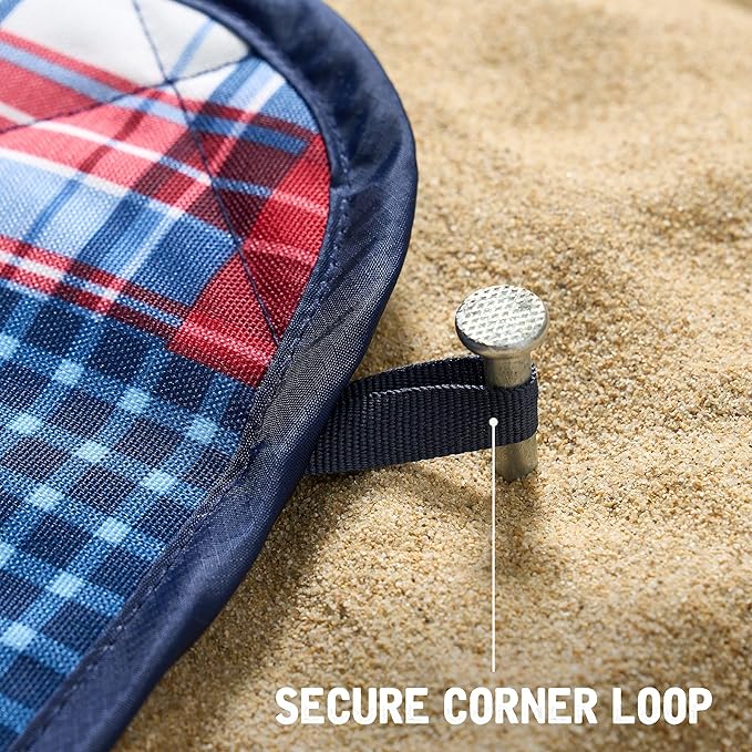 Weatherproof Vintage Waterproof Outdoor Blanket- Blue and Red Roll Up Throw Blanket with Handle Velcro Closure - Camping Supplies Travel Blanket for Beach Picnic &amp Events 60x72 (Madras)
