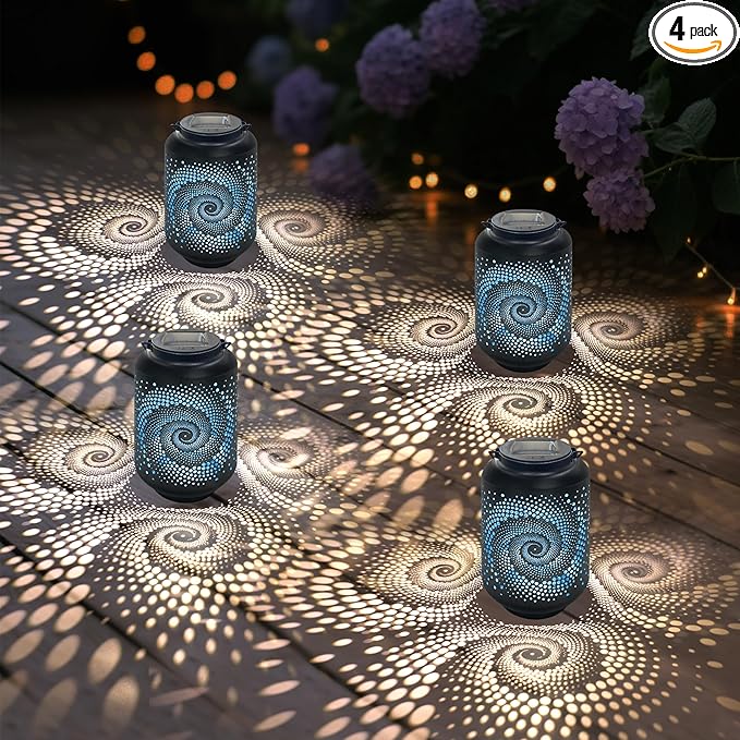 Solar Lanterns Waterproof Outdoor Hanging - 4 Packs Solar Powered LED Light with Blue Spiral Pathway Landscape Lights for Garden Patio Backyard Porch Lawn Cool Gifts for Women Mom