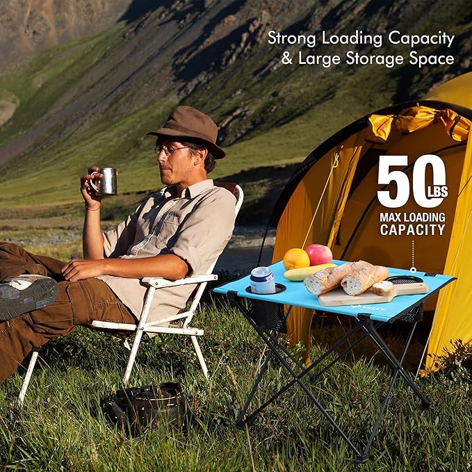 VILLEY Folding Camping Table Lightweight Portable Beach Table with 2 Cup Holders &amp Carry Bag for Camping Beach Fishing Travel and Outdoor Activities (Small)