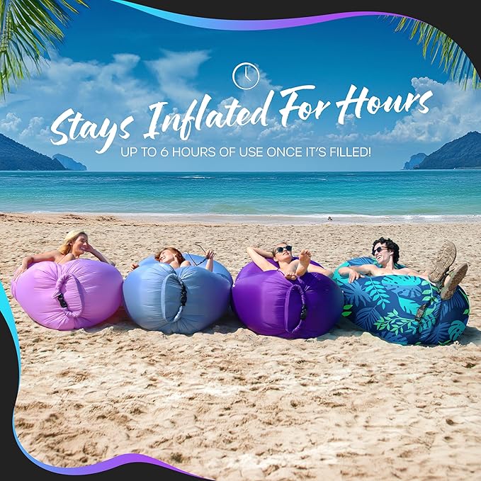 Nevlers Inflatable Lounger – Palm Leaf | 210T Polyester Blow Up Couch w/ 3 Pockets Carry Bag &amp Stake | No Pump Inflatable Couch for Camping Furniture Outdoor Beach Bed Festival Air Chair &amp