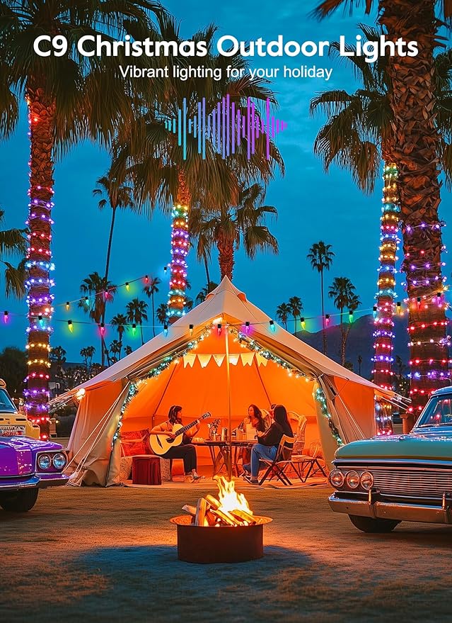 Brightown C9 LED Christmas Lights Outdoor 150LED RGB Smart Christmas Tree Lights Music Sync DIY APP Controlled Waterproof Connectable C9 String Lights for House Indoor Patio Xmas Decoration