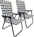 Lawn Chair Folding Steel Webbing Chaise Patio Lounger Seat Wood Handles Great for Camping Beach Fishing Backyard Stadium Pool Boating and Sports 2 Pack Blue/Yellow