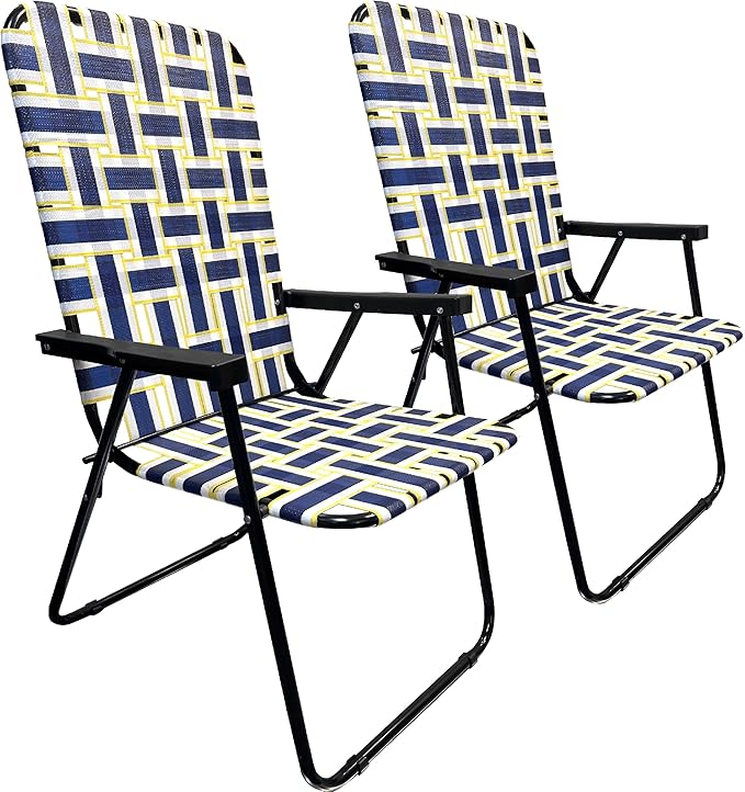 Lawn Chair Folding Steel Webbing Chaise Patio Lounger Seat Wood Handles Great for Camping Beach Fishing Backyard Stadium Pool Boating and Sports 2 Pack Blue/Yellow