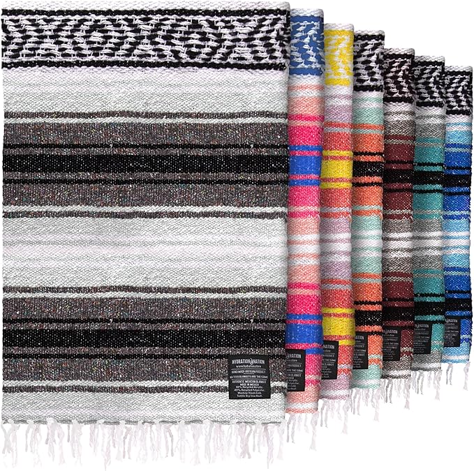 Hydration Nation Authentic Extra Large Mexican Blanket (70x50) - Handwoven Yoga Serape- Artisanal Falsa Beach Camping Picnic Outdoor(Gray)
