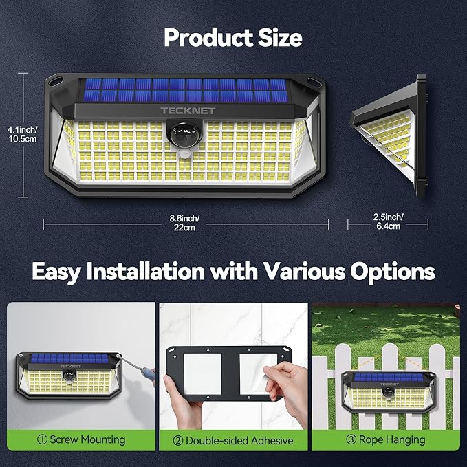 TECKNET 4200LM 416 LED Solar Lights Outdoor IP66 WaterproofSolar Motion Lights Outdoor with 300° Angle &amp 3 Lighting ModesSolar Outdoor Lights for Patio Yard Deck Front Garden Garage- 4 Pack