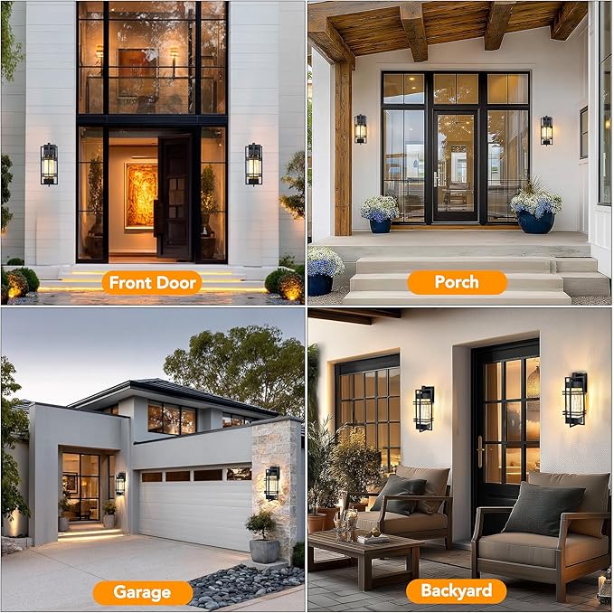 Outdoor Front Porch Light Fixtures Wall Mount Water Ripple Outdoor Wall Lantern2 Pack Black Exterior Lighting Fixtures Waterproof Sconce Lights Outside Lantern Lamp for Garage(Bulb Included)