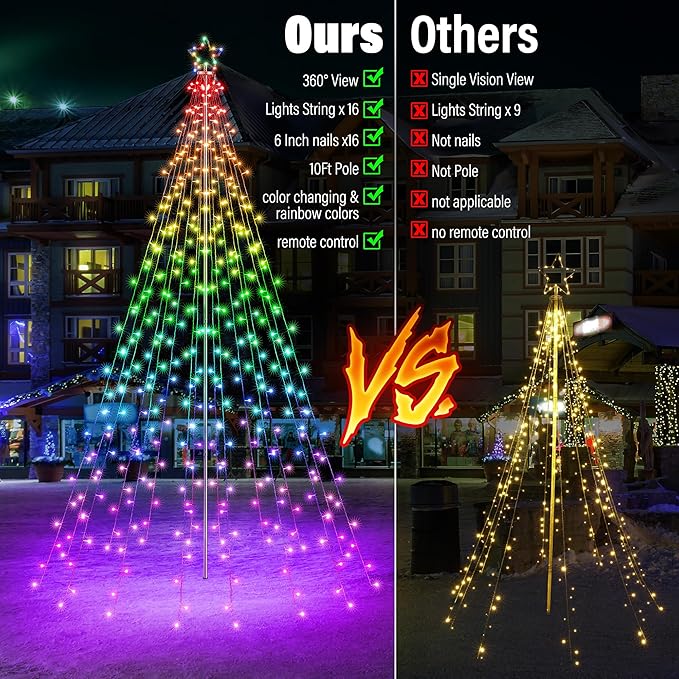 Flacchi Outdoor Star String Lights - Pole Set with Remote Multiple Lighting Modes Timer and Waterproof Feature for Ultimate Holiday Decor (RGB 10 FT/408LED)