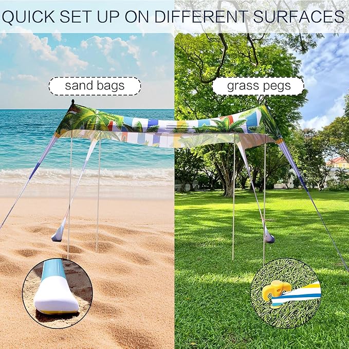 SUNWISHA Beach Tent Sun Shelter 10x10FT Portable Shade Canopy UPF 50+ with 4 Aluminum Foldable Poles Protection Beach Shade Canopy Camping Fishing Picnics Backyard Picnics