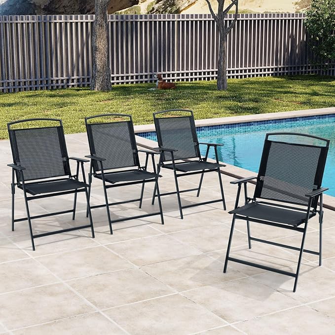 Crestlive Products Patio Folding Chairs Set of 4 Foldable Outdoor Chairs with Durable Rust-Resistant Frame and Breathable Textilene Material for Outside Black