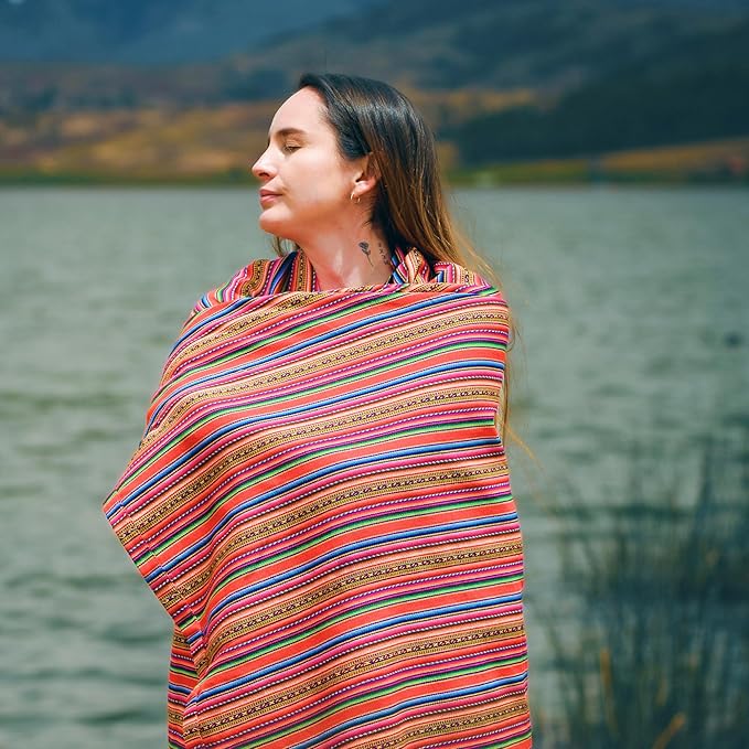 Lucio Fabrics Unique Native Peruvian Throw - Vibrant Colors Lightweight Durable - HomeYoga BeachCampingPicnicOutdoor Activities Thin Blanket 70'' x 47'' (Red Andean Stripes)