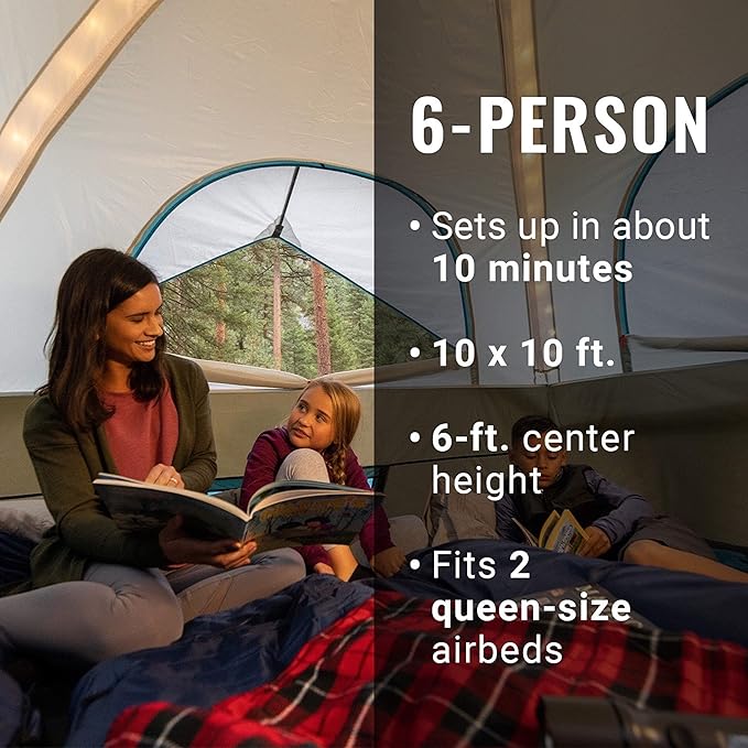 Coleman OneSource Rechargeable 4/6 Person Camping Tent with Airflow System &amp LED Lighting Includes Rainfly Tent Fan Lights and Interchangeable Battery Pack Easy Setup Tent for Camping