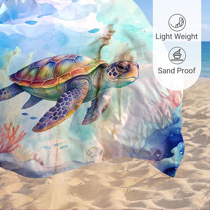 Sunlit Silky Soft 81x106 Sand Proof Beach Blanket Sand Proof Mat with Corner Pockets and Fashion Mesh Bag for Beach Party Travel Camping and Outdoor Music Festival Vibrant Turtle and Coral